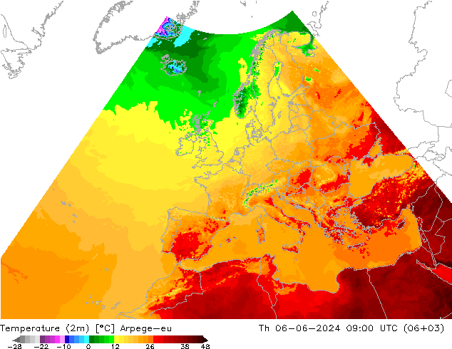 Temperaturkarte (2m) Arpege-eu Do 06.06.2024 09 UTC