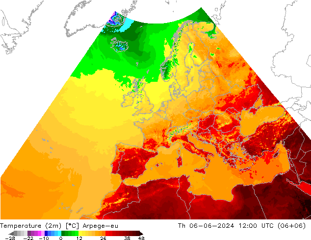 Temperatura (2m) Arpege-eu jue 06.06.2024 12 UTC