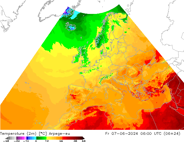température (2m) Arpege-eu ven 07.06.2024 06 UTC