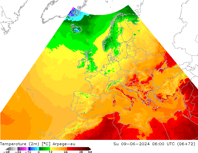 température (2m) Arpege-eu dim 09.06.2024 06 UTC