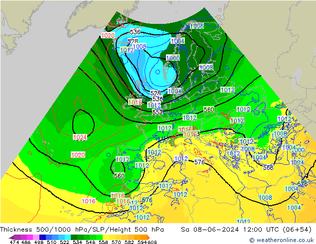 Dikte 500-1000hPa Arpege-eu za 08.06.2024 12 UTC