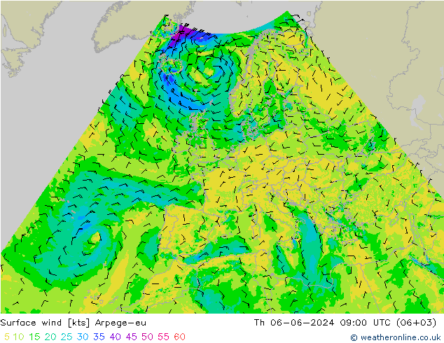 Rüzgar 10 m Arpege-eu Per 06.06.2024 09 UTC
