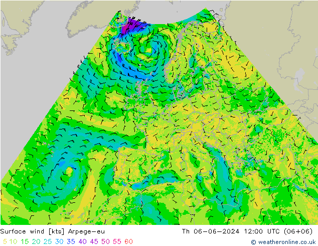 Surface wind Arpege-eu Čt 06.06.2024 12 UTC