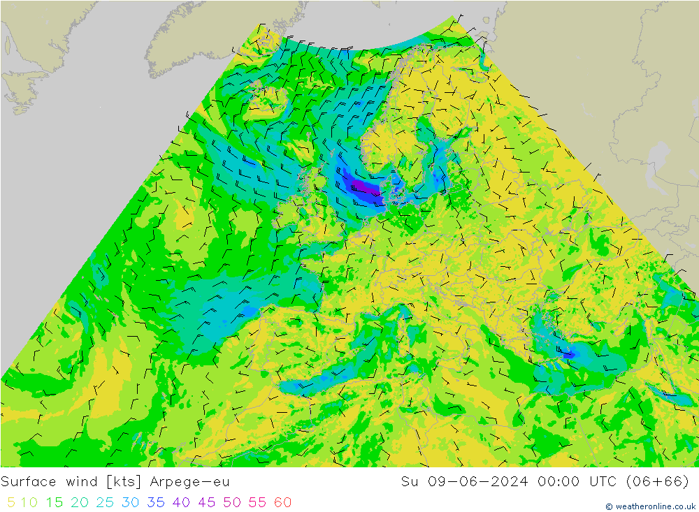Surface wind Arpege-eu Su 09.06.2024 00 UTC