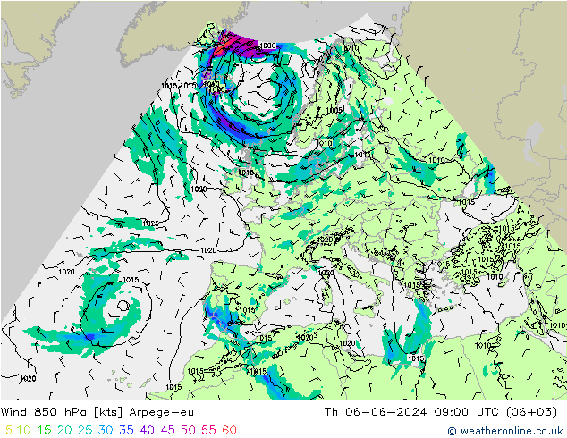 Wind 850 hPa Arpege-eu Th 06.06.2024 09 UTC