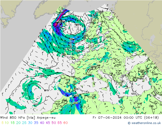 ветер 850 гПа Arpege-eu пт 07.06.2024 00 UTC