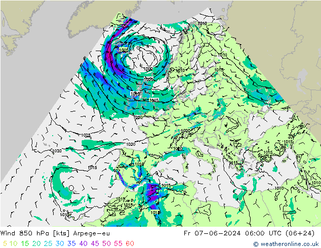 Vento 850 hPa Arpege-eu ven 07.06.2024 06 UTC