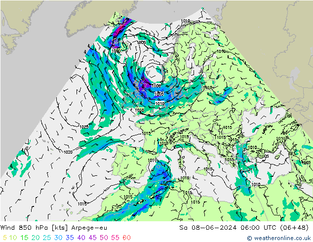 ветер 850 гПа Arpege-eu сб 08.06.2024 06 UTC