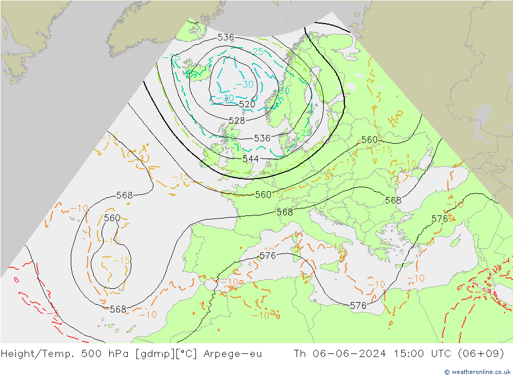 Height/Temp. 500 hPa Arpege-eu Čt 06.06.2024 15 UTC