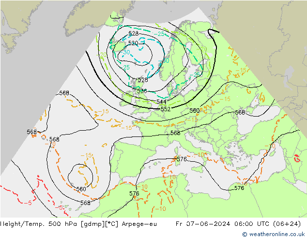 Height/Temp. 500 hPa Arpege-eu 星期五 07.06.2024 06 UTC