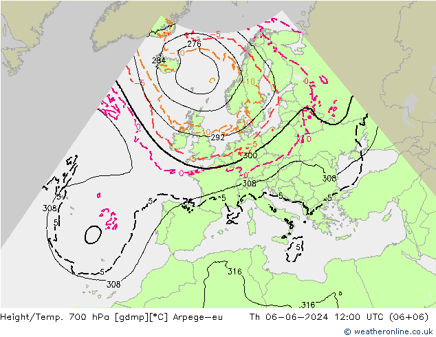 Height/Temp. 700 hPa Arpege-eu Čt 06.06.2024 12 UTC