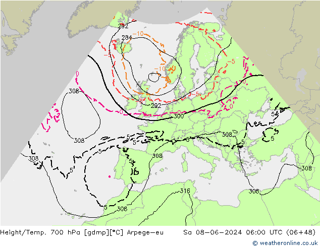 Height/Temp. 700 гПа Arpege-eu сб 08.06.2024 06 UTC