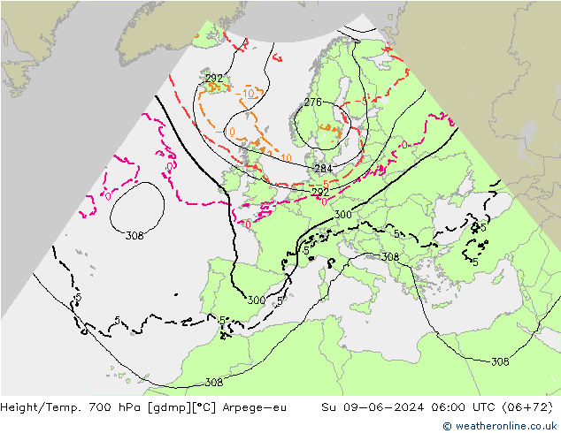 Height/Temp. 700 hPa Arpege-eu Su 09.06.2024 06 UTC