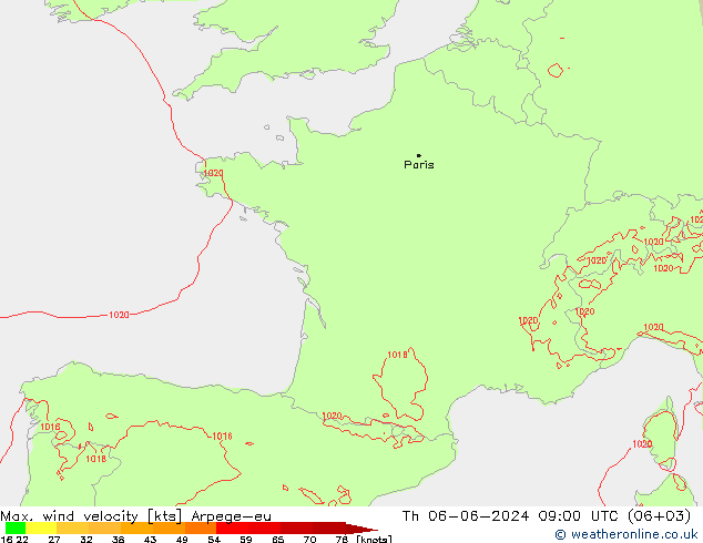 Max. wind velocity Arpege-eu Čt 06.06.2024 09 UTC