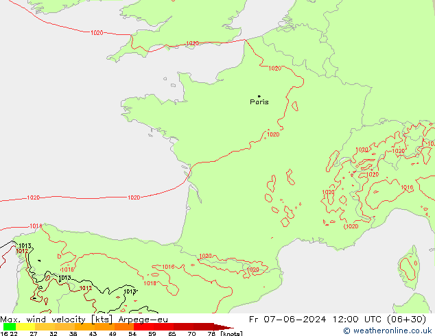 Max. wind velocity Arpege-eu Sex 07.06.2024 12 UTC