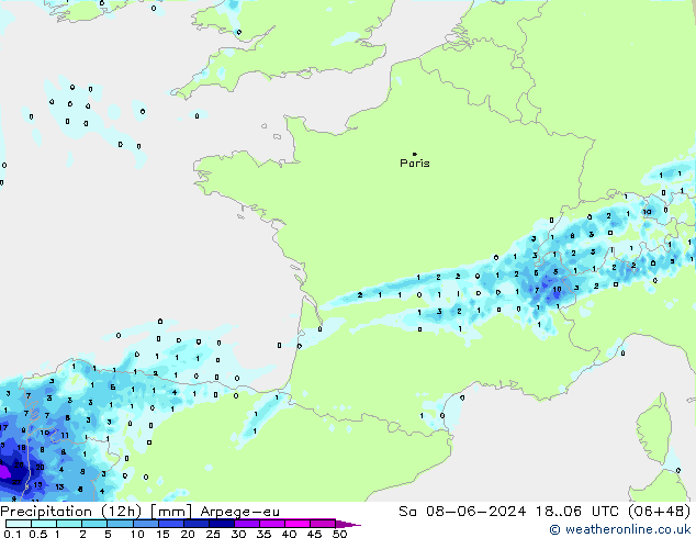 Precipitación (12h) Arpege-eu sáb 08.06.2024 06 UTC