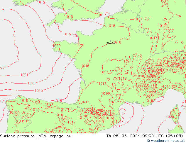 Atmosférický tlak Arpege-eu Čt 06.06.2024 09 UTC