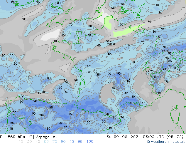 RH 850 hPa Arpege-eu  09.06.2024 06 UTC