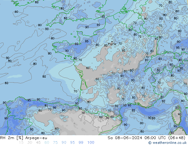 RH 2m Arpege-eu sab 08.06.2024 06 UTC