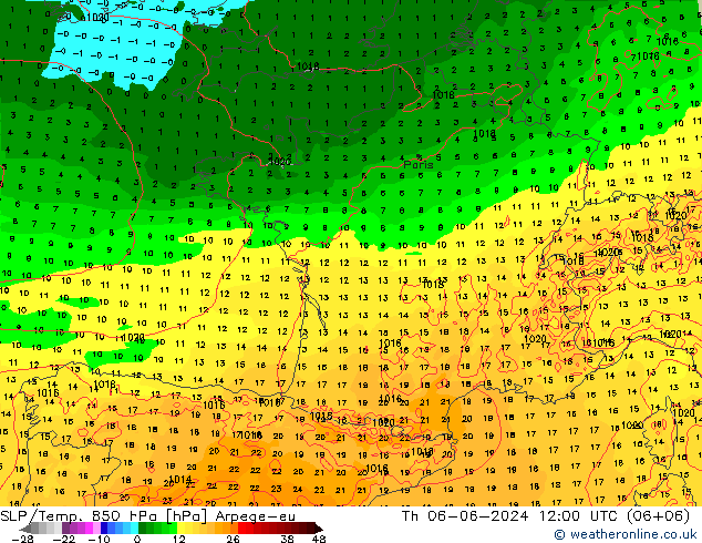 SLP/Temp. 850 hPa Arpege-eu jue 06.06.2024 12 UTC