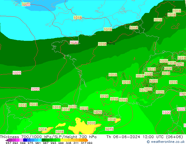 Espesor 700-1000 hPa Arpege-eu jue 06.06.2024 12 UTC