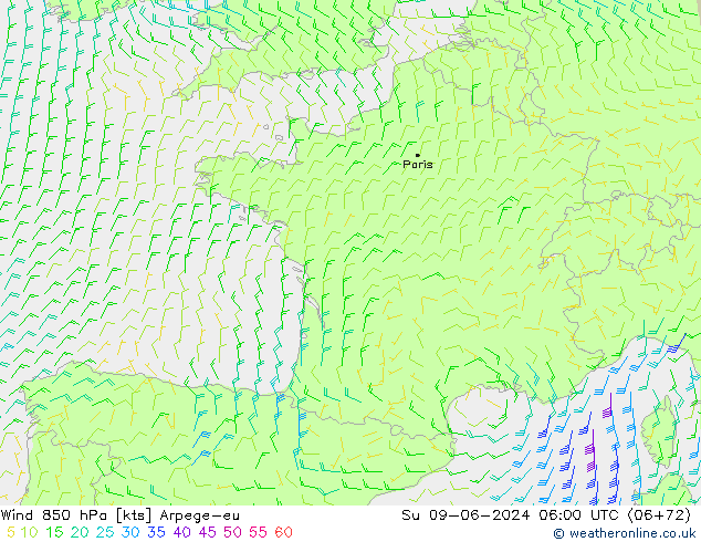 Wind 850 hPa Arpege-eu So 09.06.2024 06 UTC