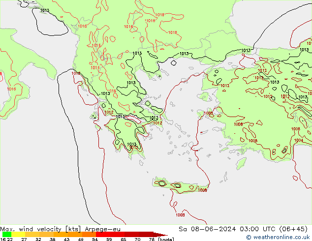 Max. wind velocity Arpege-eu Sa 08.06.2024 03 UTC