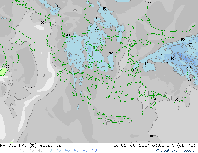 RH 850 hPa Arpege-eu Sa 08.06.2024 03 UTC