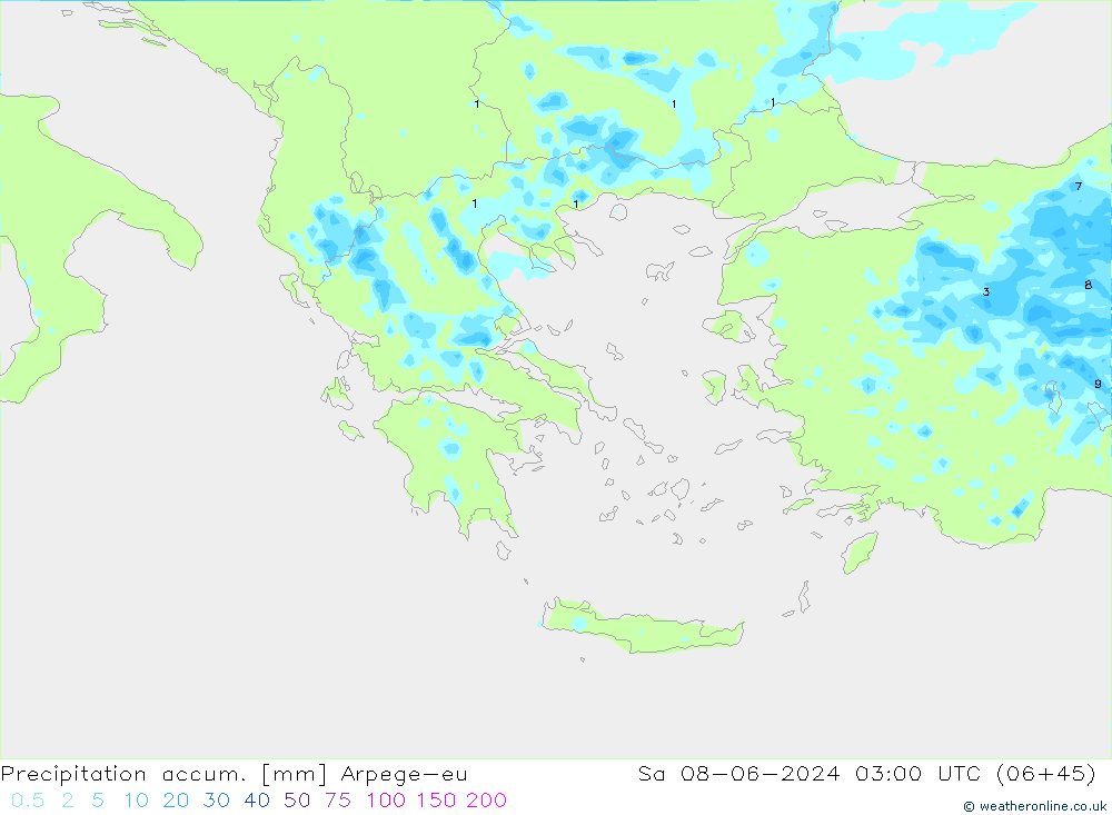 Totale neerslag Arpege-eu za 08.06.2024 03 UTC