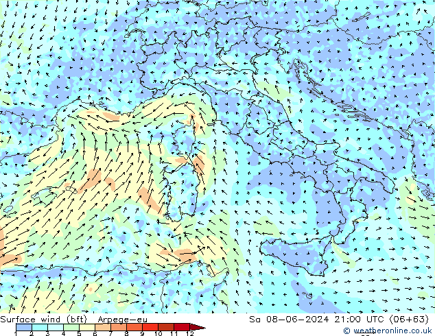 Rüzgar 10 m (bft) Arpege-eu Cts 08.06.2024 21 UTC