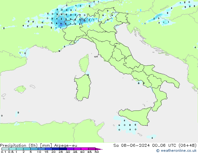 Precipitazione (6h) Arpege-eu sab 08.06.2024 06 UTC