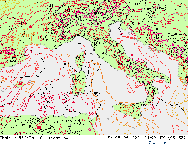 Theta-e 850hPa Arpege-eu Sa 08.06.2024 21 UTC