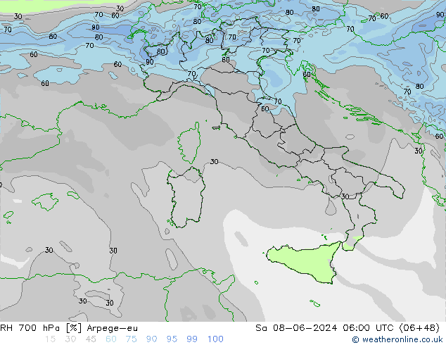 RH 700 hPa Arpege-eu sab 08.06.2024 06 UTC