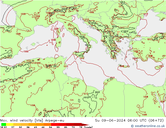 Max. wind velocity Arpege-eu dom 09.06.2024 06 UTC