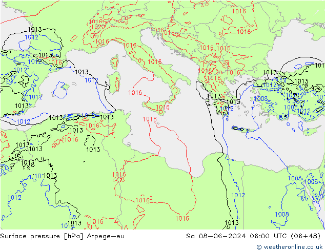 Pressione al suolo Arpege-eu sab 08.06.2024 06 UTC