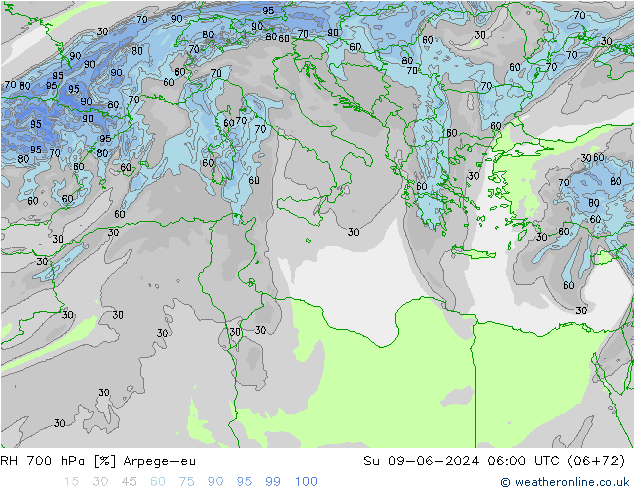 RH 700 гПа Arpege-eu Вс 09.06.2024 06 UTC