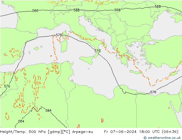 Hoogte/Temp. 500 hPa Arpege-eu vr 07.06.2024 18 UTC