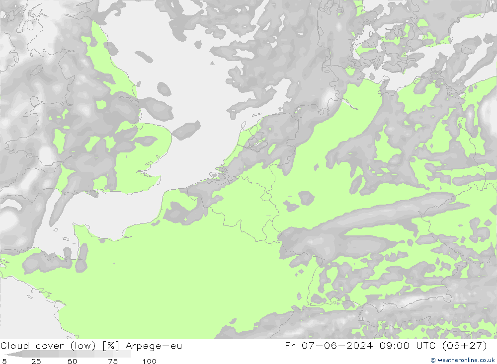 Cloud cover (low) Arpege-eu Fr 07.06.2024 09 UTC