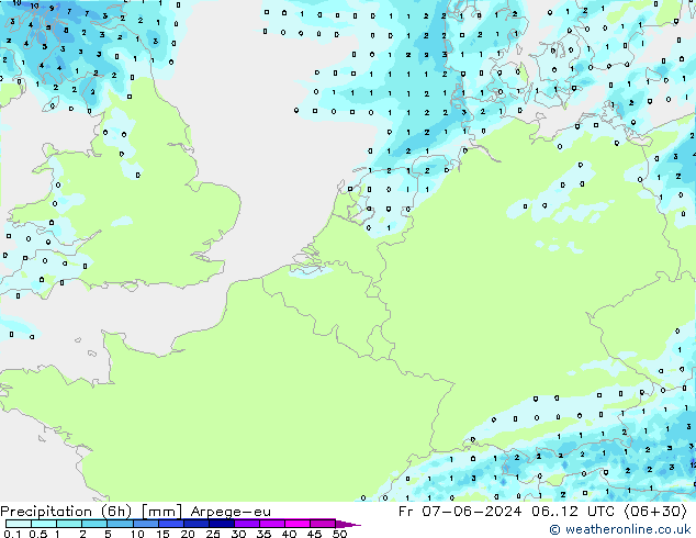 Precipitación (6h) Arpege-eu vie 07.06.2024 12 UTC