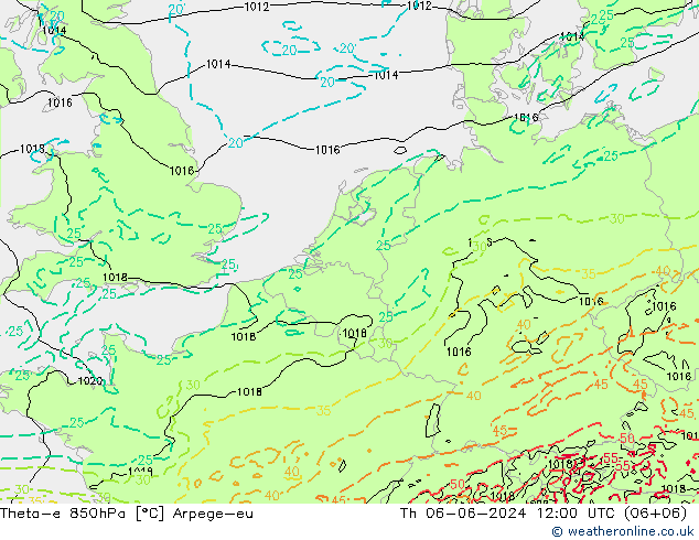 Theta-e 850гПа Arpege-eu чт 06.06.2024 12 UTC