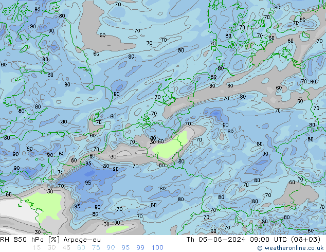 RH 850 hPa Arpege-eu Th 06.06.2024 09 UTC