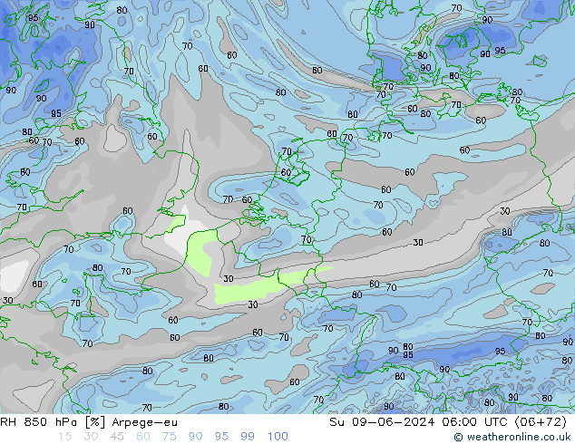 RH 850 hPa Arpege-eu nie. 09.06.2024 06 UTC