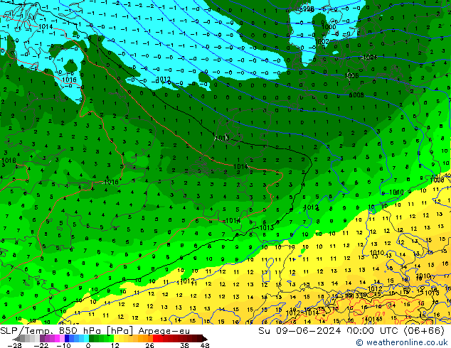 SLP/Temp. 850 hPa Arpege-eu Ne 09.06.2024 00 UTC