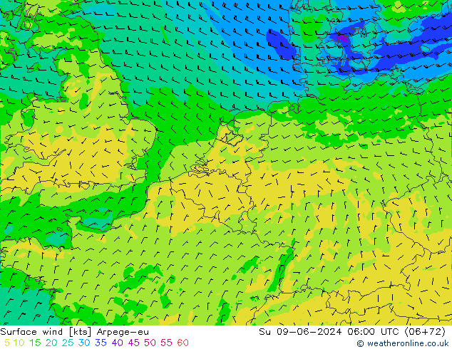 Surface wind Arpege-eu Su 09.06.2024 06 UTC