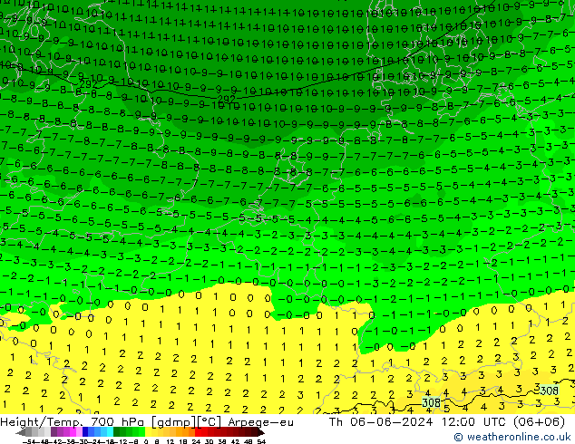 Géop./Temp. 700 hPa Arpege-eu jeu 06.06.2024 12 UTC