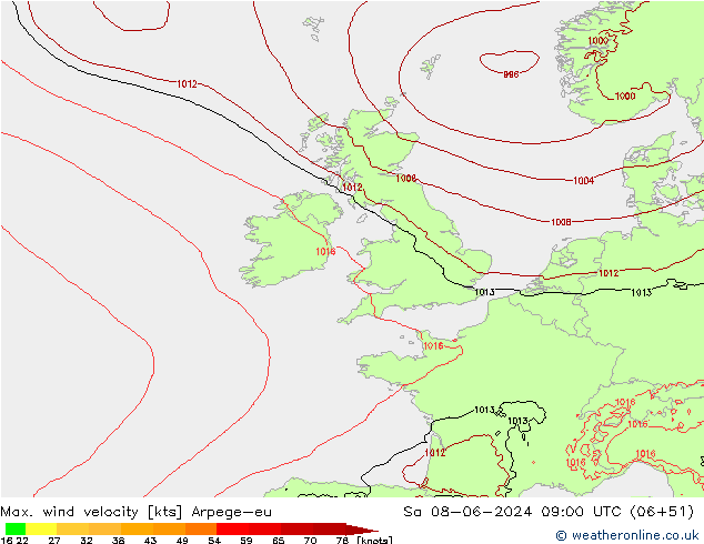 Max. wind velocity Arpege-eu Sa 08.06.2024 09 UTC