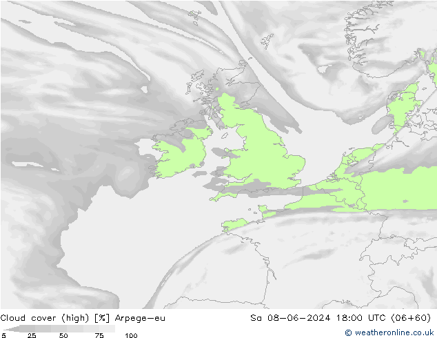 Cloud cover (high) Arpege-eu Sa 08.06.2024 18 UTC