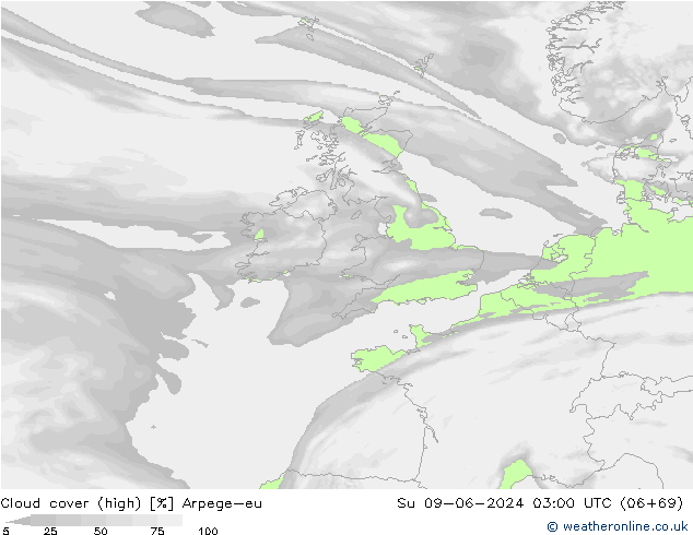 Cloud cover (high) Arpege-eu Su 09.06.2024 03 UTC