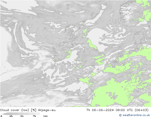 Cloud cover (low) Arpege-eu Th 06.06.2024 09 UTC