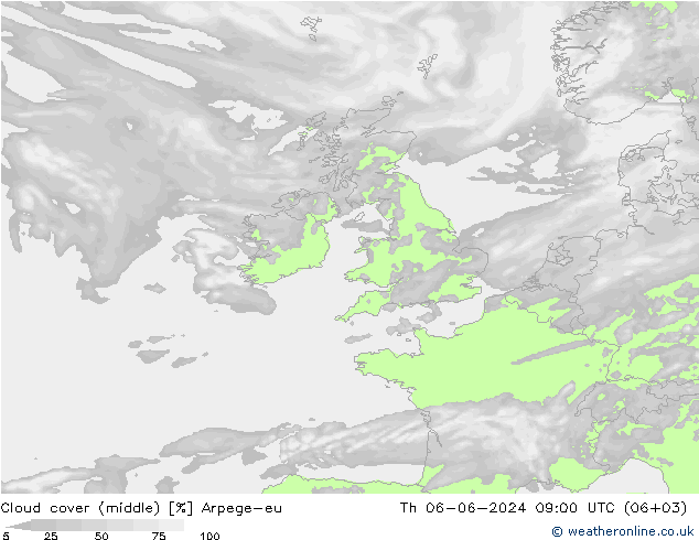 Cloud cover (middle) Arpege-eu Th 06.06.2024 09 UTC